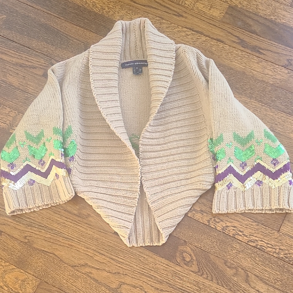 French Connection Women's Tan Sweater with Green,Gold and Purple Sequin Accents